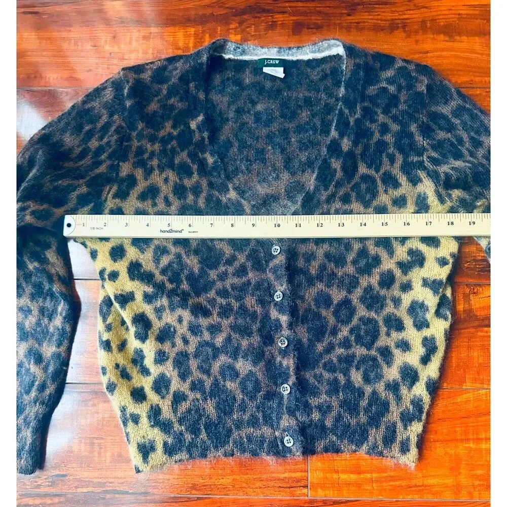 J, Crew Leopard Print Mohair Mob Wife Wool Blend Fuzzy Knit Cardigan Sweater L